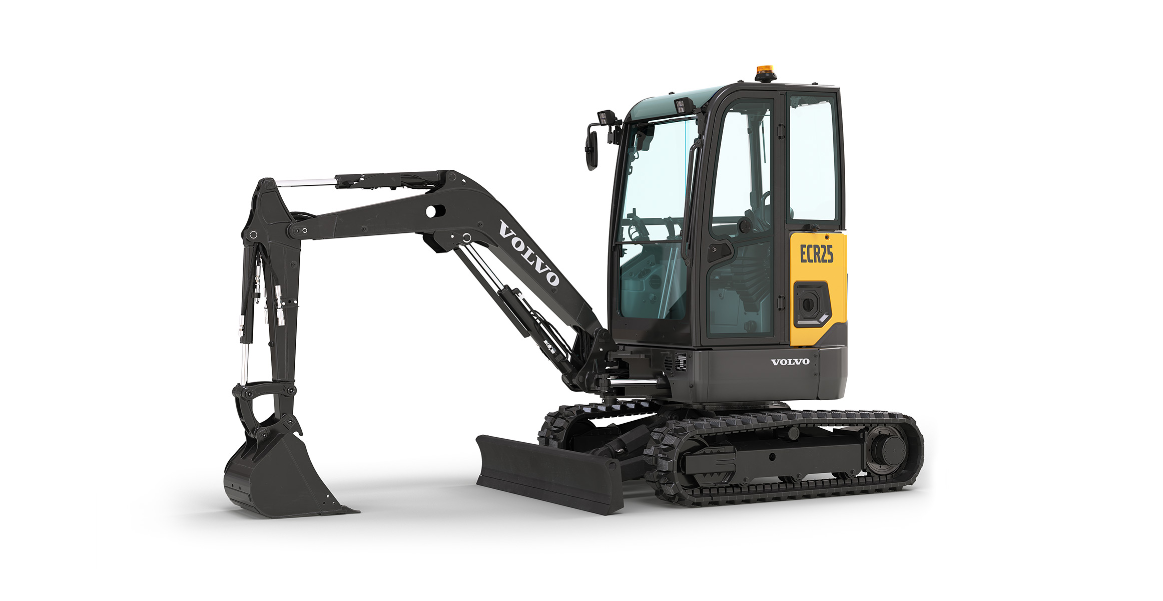 Knockout image of a Volvo ECR25 Electric compact excavator.