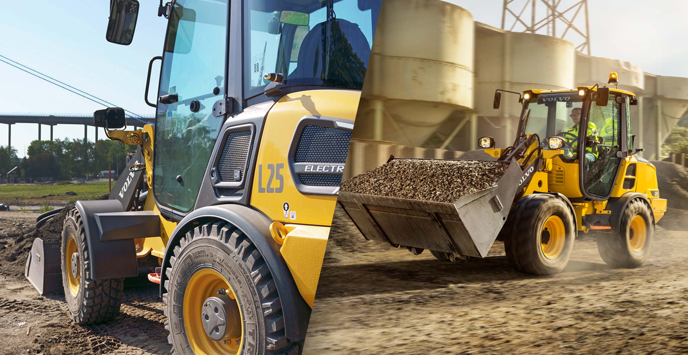 Side-by-side image of a piece of Volvo electric equipment working and a comparable diesel model working