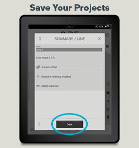 A Volvo Co-Pilot display showing how to save projects in the Dig Assist excavator GPS system.