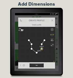 A Volvo Co-Pilot display showing how to add dimensions to a Profile using Dig Assist.