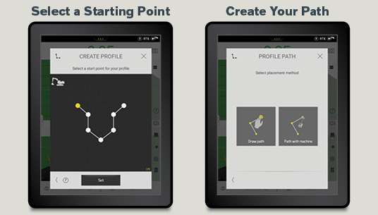 Side-by-side Volvo Co-Pilot displays showing how to select a Profile starting point and how to create a path using Dig Assist.