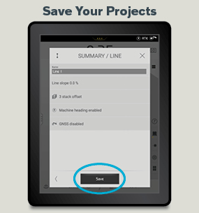 A Volvo Co-Pilot display showing how to save projects in the Dig Assist excavator GPS system.