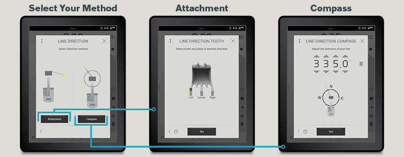 Side-by-side Volvo Co-Pilot display screens showing Dig Assist directions for following a line when trenching.