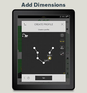 A Volvo Co-Pilot display showing how to add dimensions to a Profile using Dig Assist.
