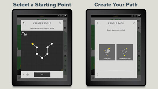 Side-by-side Volvo Co-Pilot displays showing how to select a Profile starting point and how to create a path using Dig Assist.
