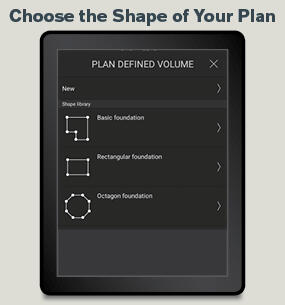 A Volvo Co-Pilot display showing how to choose the shape of a Plan using Dig Assist.