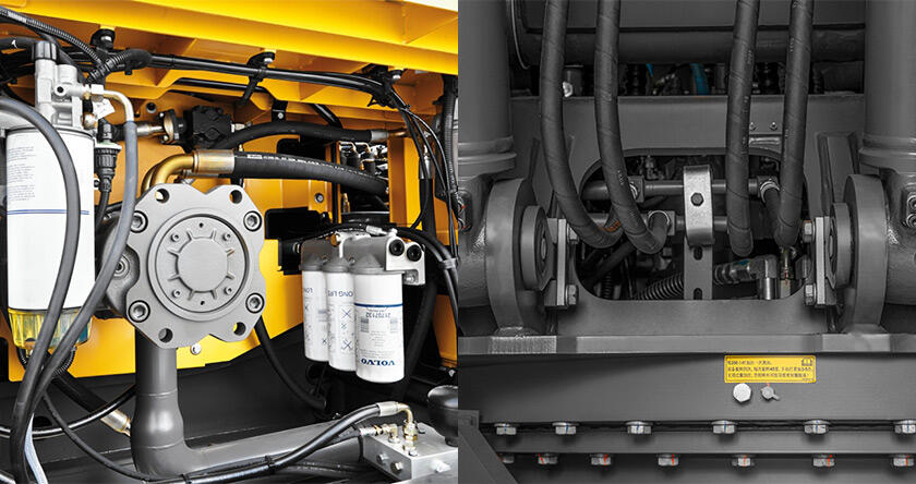 Side-by-side images of the filters and grouped grease points on a Volvo excavator.