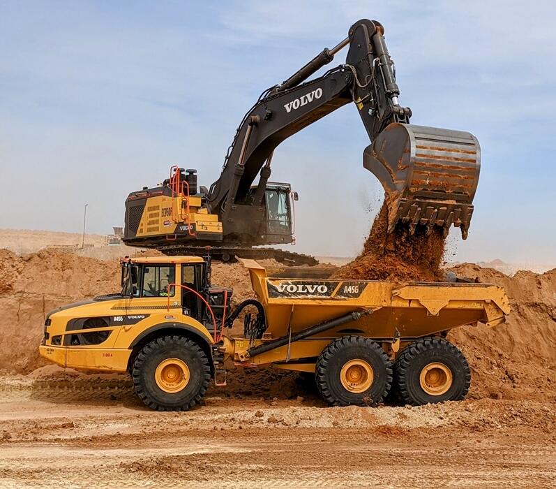 Volvo EC950F excavator side loading an A60H articulated truck