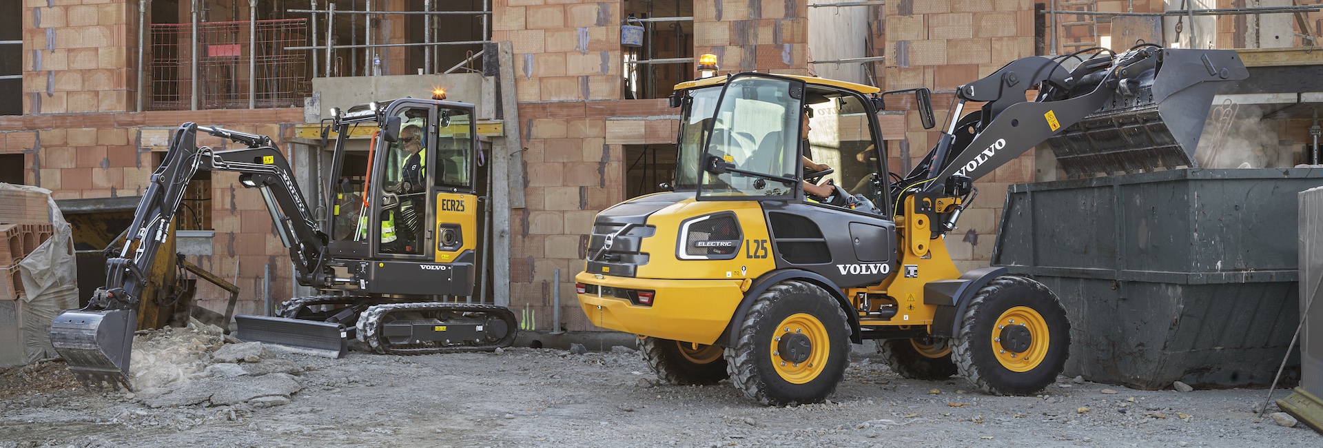 Volvo ECR25 Electric Excavator and L25 Electric Wheel Loader at Work