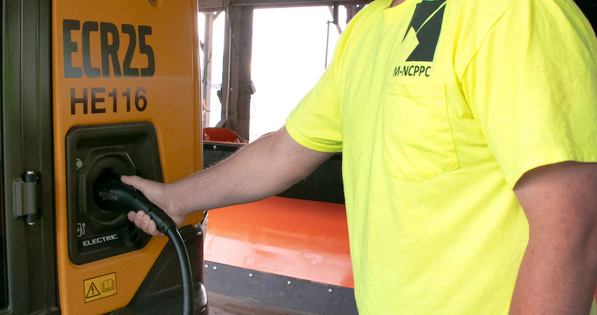 Charging a Volvo ECR25 electric excavator