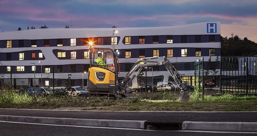 Volvo ECR25 Electric Excavator working near a Hospital