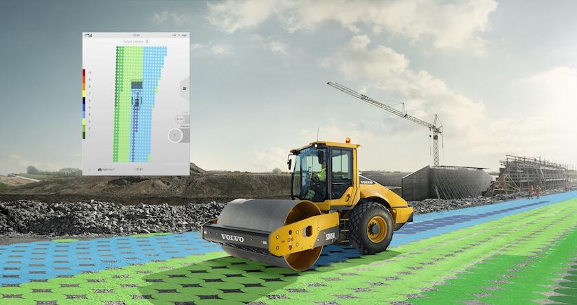 A graphic showing an illustration of Volvo Compact Assist pass mapping with a sample report and a Volvo SD115B soil compactor.