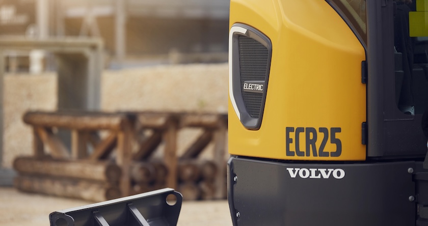 Close up of a Volvo ECR25 Electric compact excavator.