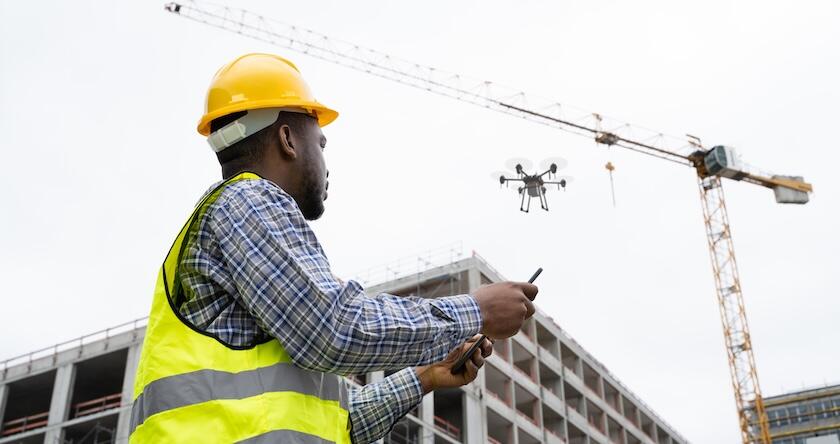 A construction worker on a jobsite piloting a safety drone overhead.