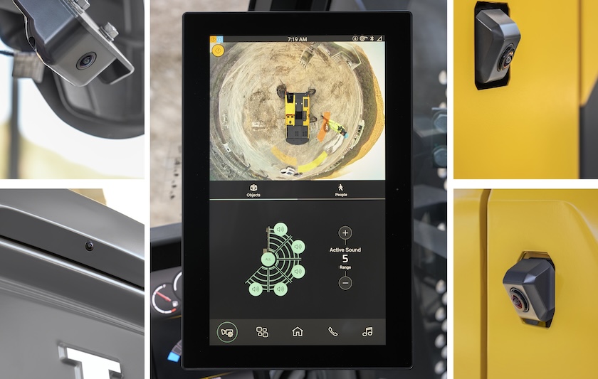 A collage of Volvo Smart View cameras and the in-cab display showing an excavator’s surroundings.