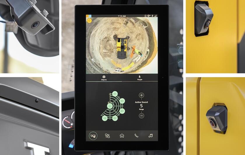 A collage of Volvo Smart View cameras and the in-cab display showing an excavator’s surroundings.