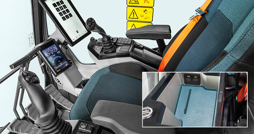 In-cab wireless phone charger in new Volvo excavators.