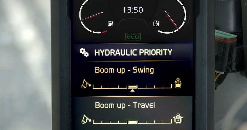 Image of the Volvo Independent Metering Valve Technology display showing an excavator’s Hydraulic Priority, including the “Boom Up – Swing” and “Boom Up – Travel” indicators.