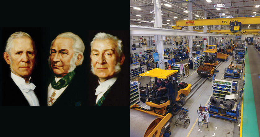 Side-by-side photos of the three Volvo CE founders on the left, and a color photo of the Volvo Shippensburg facility today on the right.