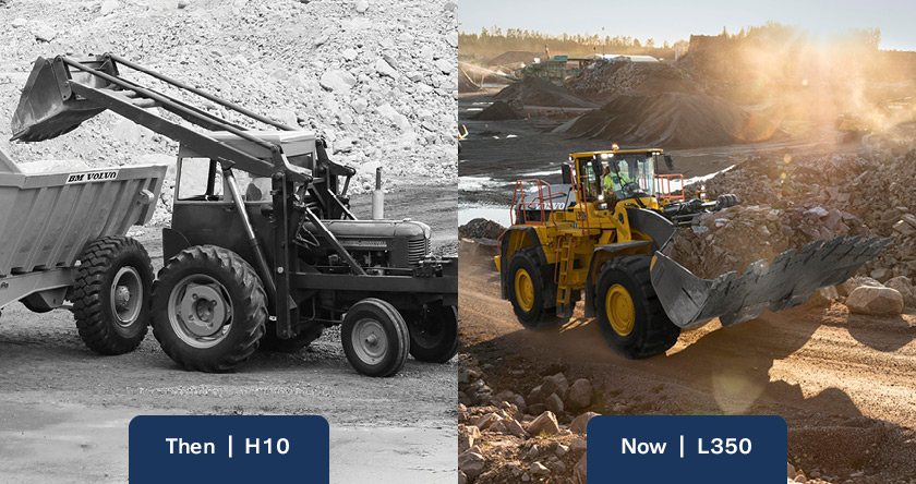 Side-by-side photos of Volvo’s H-10 wheel loader in black and white on the left, and a color photo of the Volvo L350 wheel loader on the right.