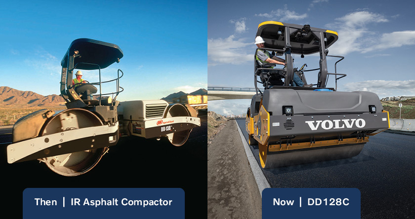 Side-by-side photos of an Ingersoll Rand asphalt compactor on the left, and a Volvo DD128C asphalt compactor on the right.