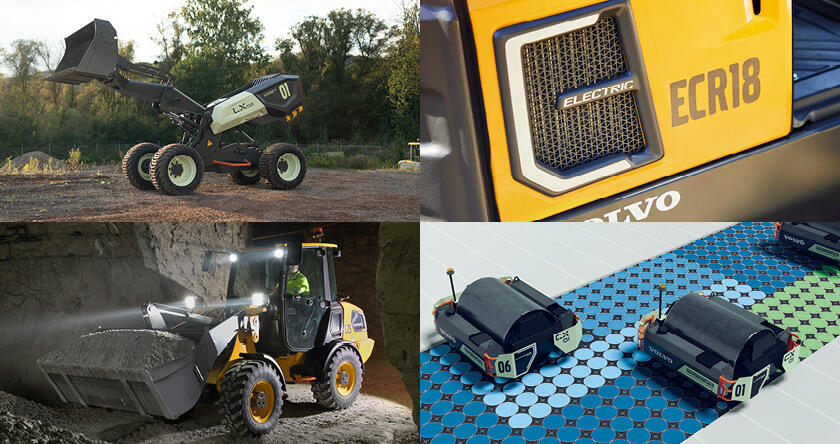 A collage of the latest Volvo electric and autonomous concepts, including the Electric emblem on a piece of Volvo electric heavy equipment.