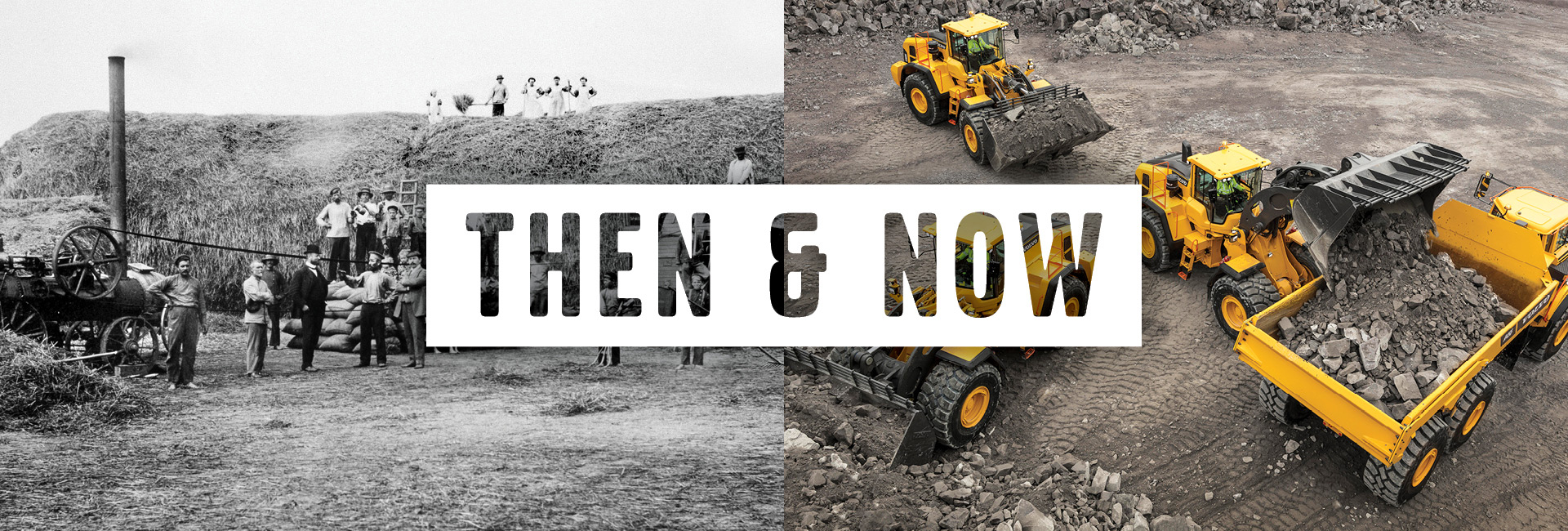 A side-by-side image consisting of a historical black and white photo of Volvo equipment and people next to a color image of today’s Volvo equipment working.