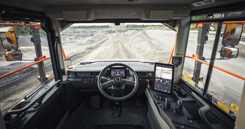An operator’s view from the cab of a new Volvo articulated dump truck. 