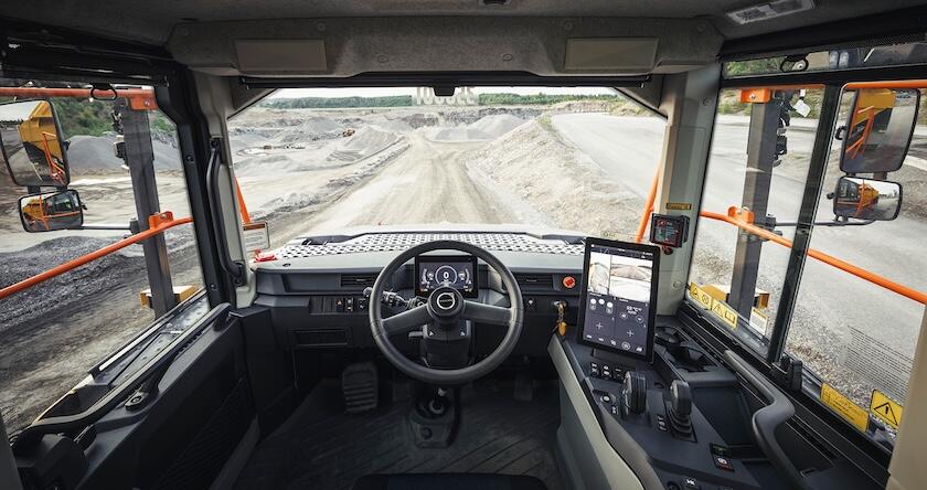 An operator’s view from the cab of a new Volvo articulated dump truck.