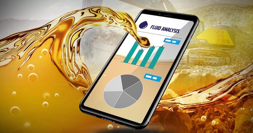 A representation of a fluid analysis report on a mobile phone with engine oil pouring into it and a Volvo excavator in the background.
