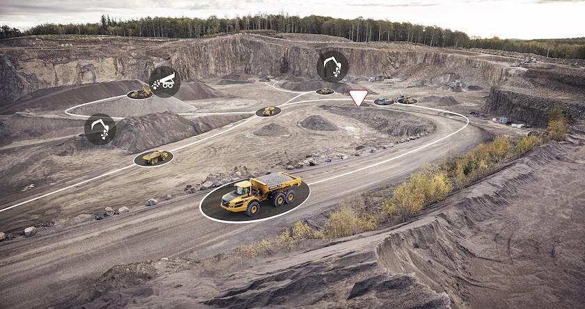 Illustration representing how Volvo Connected Map works to manage excavators, loaders, ADTs and more in a quarry.