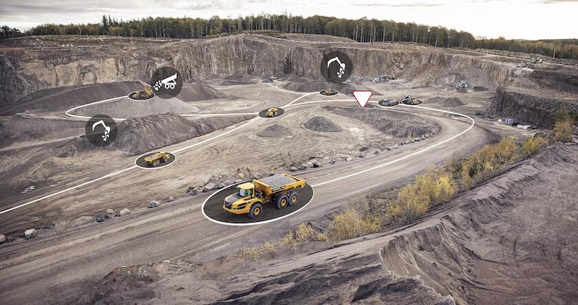 Illustration showing how Volvo Connected Map works with haul trucks and excavators working in a quarry.