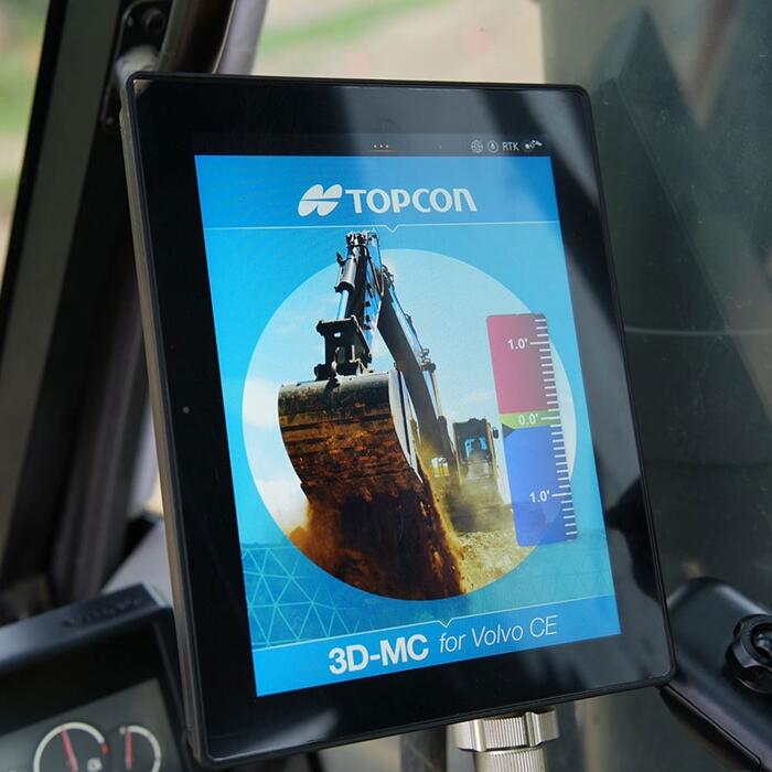 Topcon software installed on an excavator with Volvo Co-Pilot.