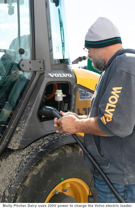 Molly Pitcher Dairy uses 220 v power to charge the Volvo electric loader. 