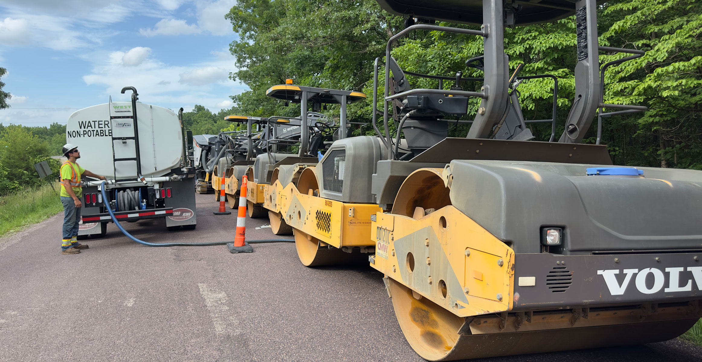 Three Volvo DD120C double drum asphalt rollers with West Contracting in St. Louis, Missouri