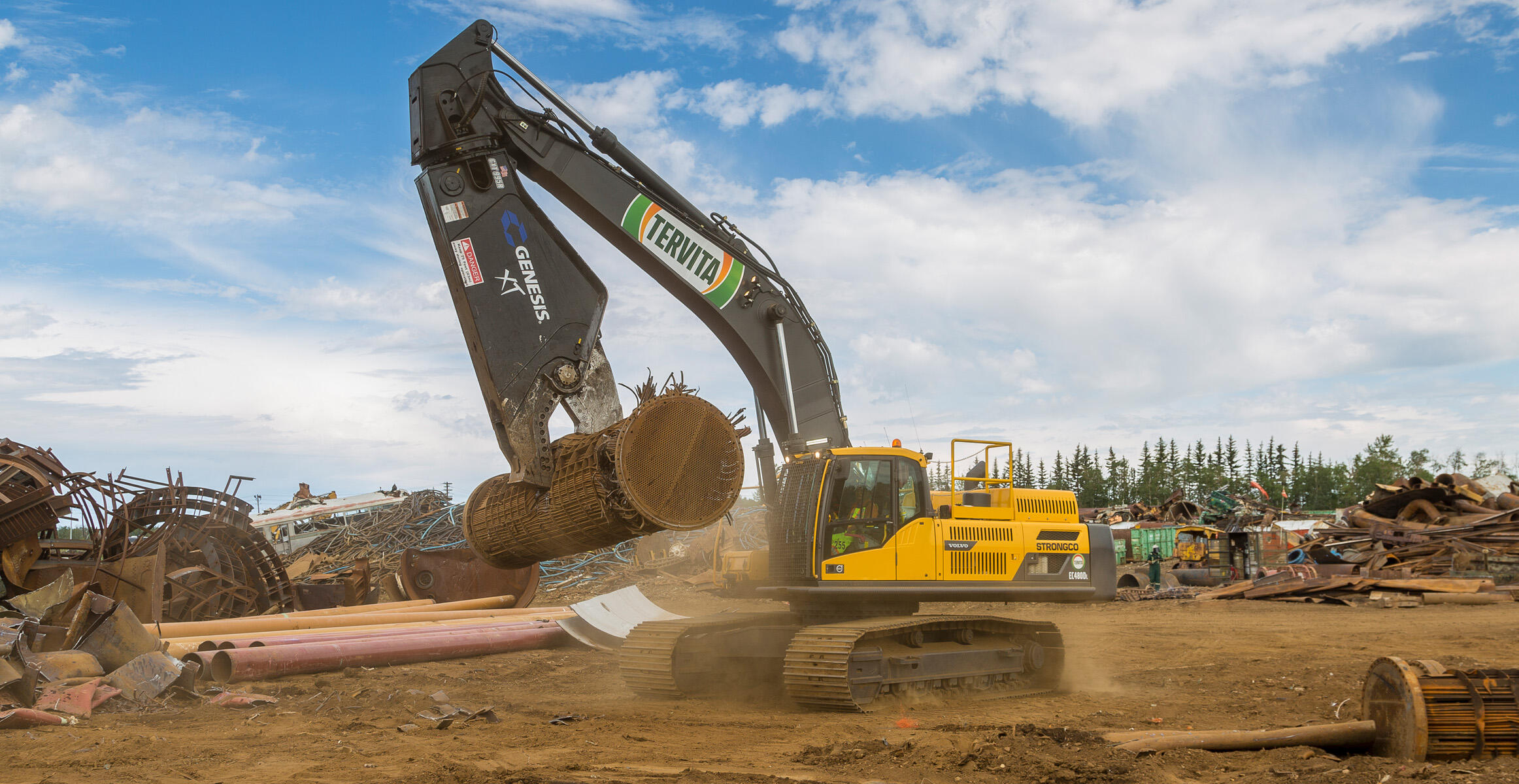 Volvo EC480D crawler excavator with shear at Tervita Metals Recycling worksite in Canada
