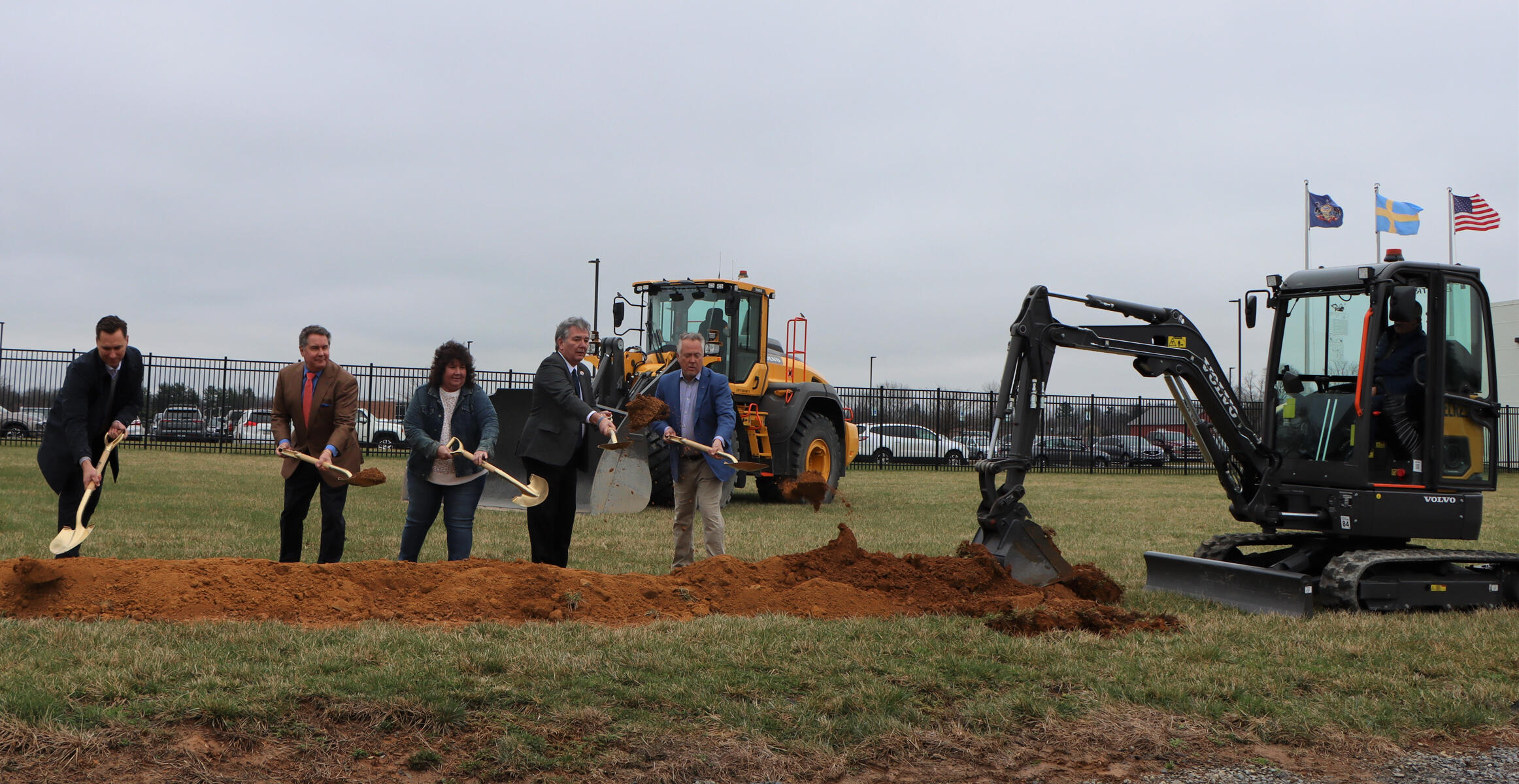 Local dignitaries and Volvo Construction Equipment leaders break ground at the new training center in Shippensburg, PA.. 
