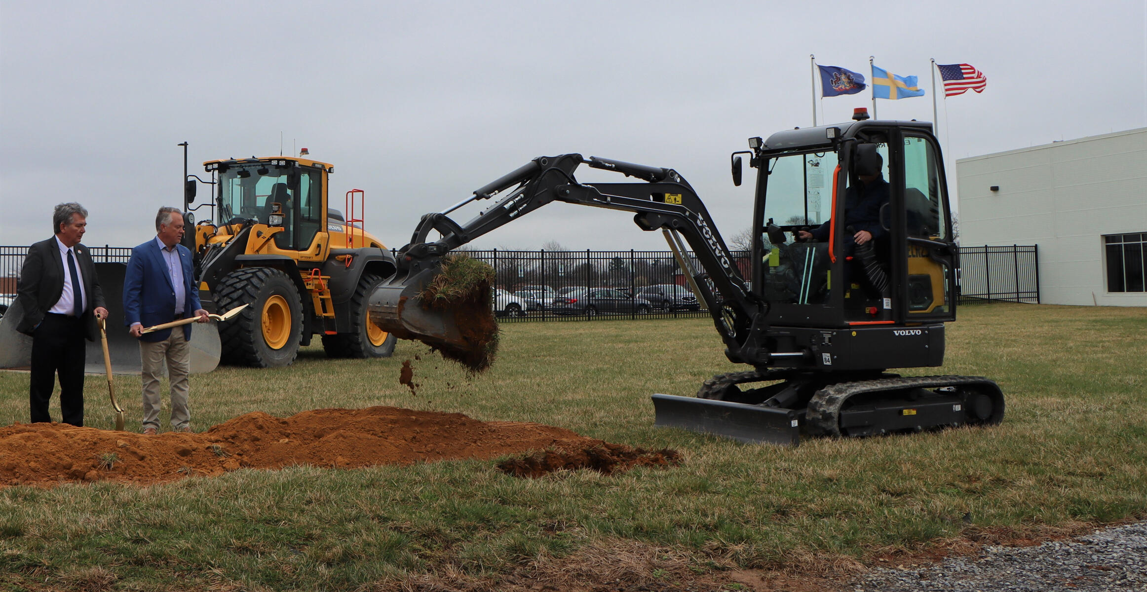 A Volvo ECR25 Electric compact excavator breaks ground on the new Volvo CE technician training center in Shippensburg, Pennsylvania. 