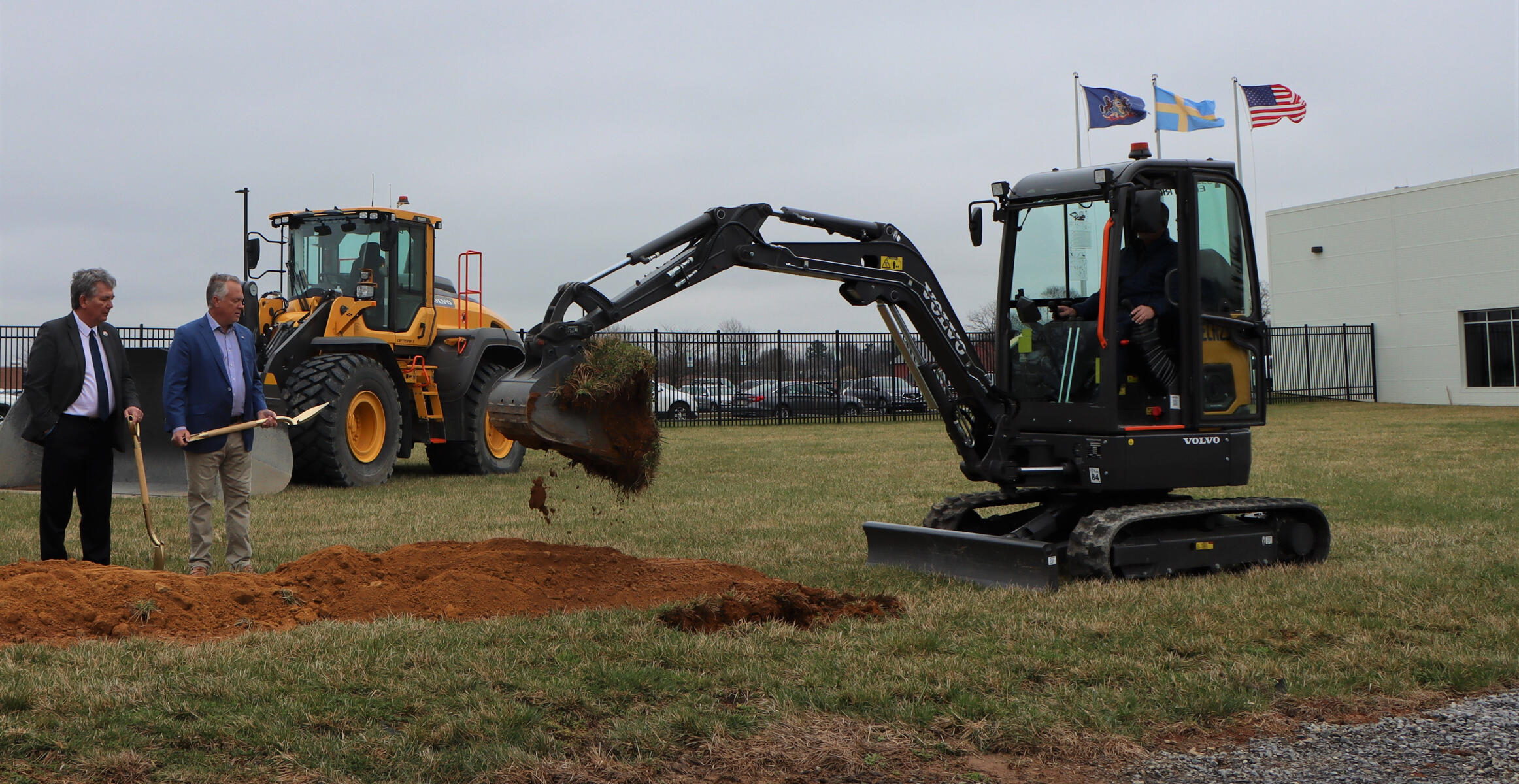 A Volvo ECR25 Electric compact excavator breaks ground on the new Volvo CE technician training center in Shippensburg, Pennsylvania.