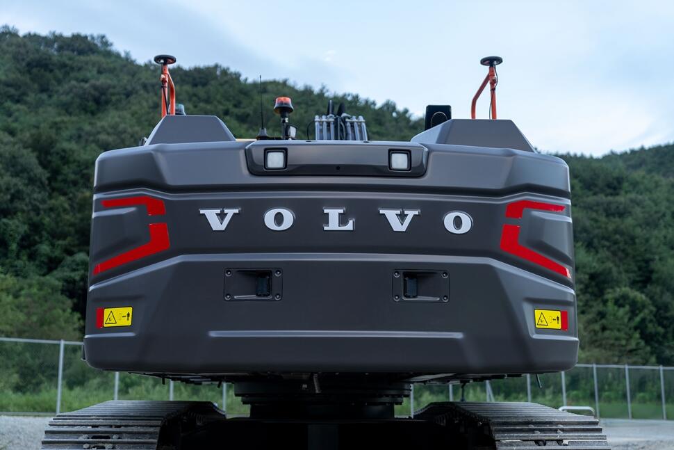 Volvo logo on back of excavator