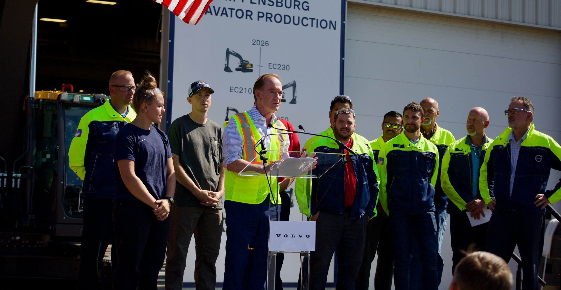 Congressman John Joyce, M.D., addresses the crowd and recognizes Volvo CE employees involved in the company's manufacturing localization efforts during an Aug. 19 event in Shippensburg.