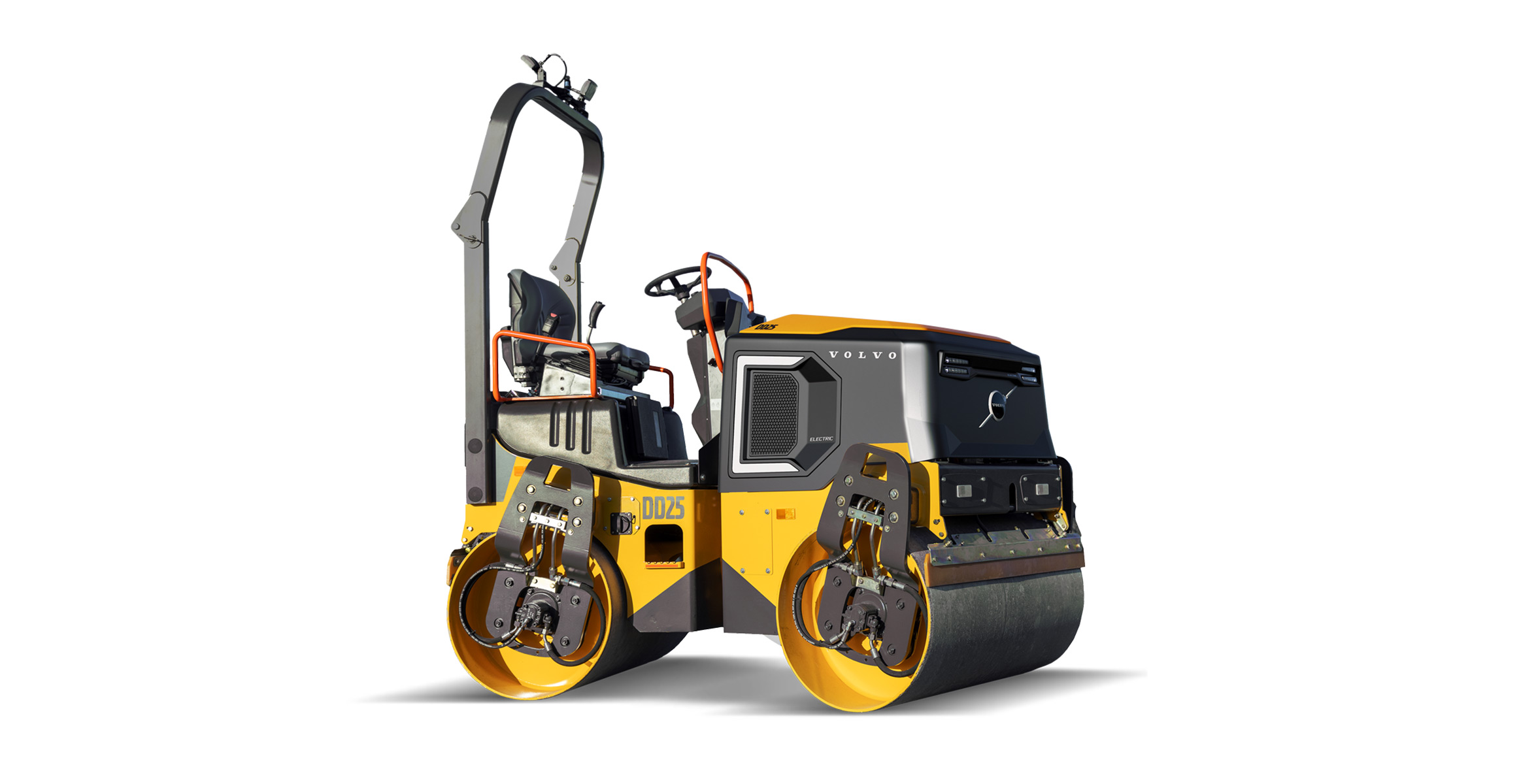 Knockout image of a Volvo DD25 Electric asphalt compactor. 