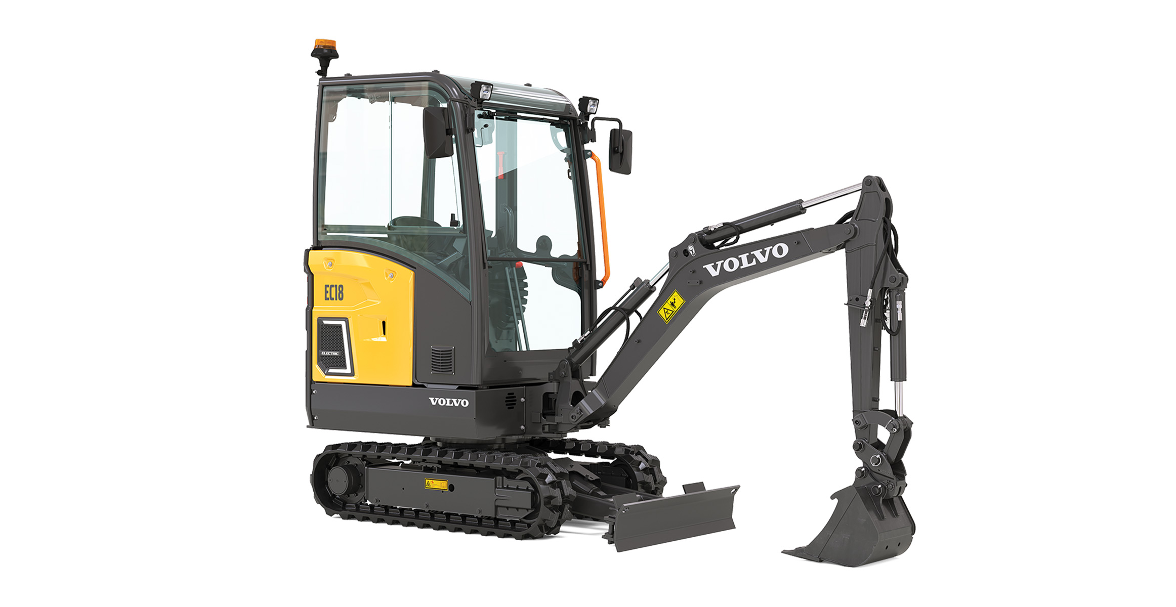 Knockout image of a Volvo EC18 Electric mini excavator.