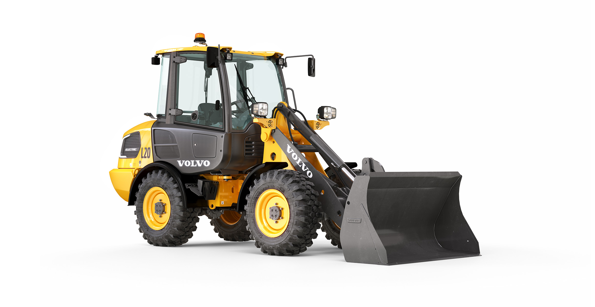 Knockout image of a Volvo L20 Electric compact wheel loader.