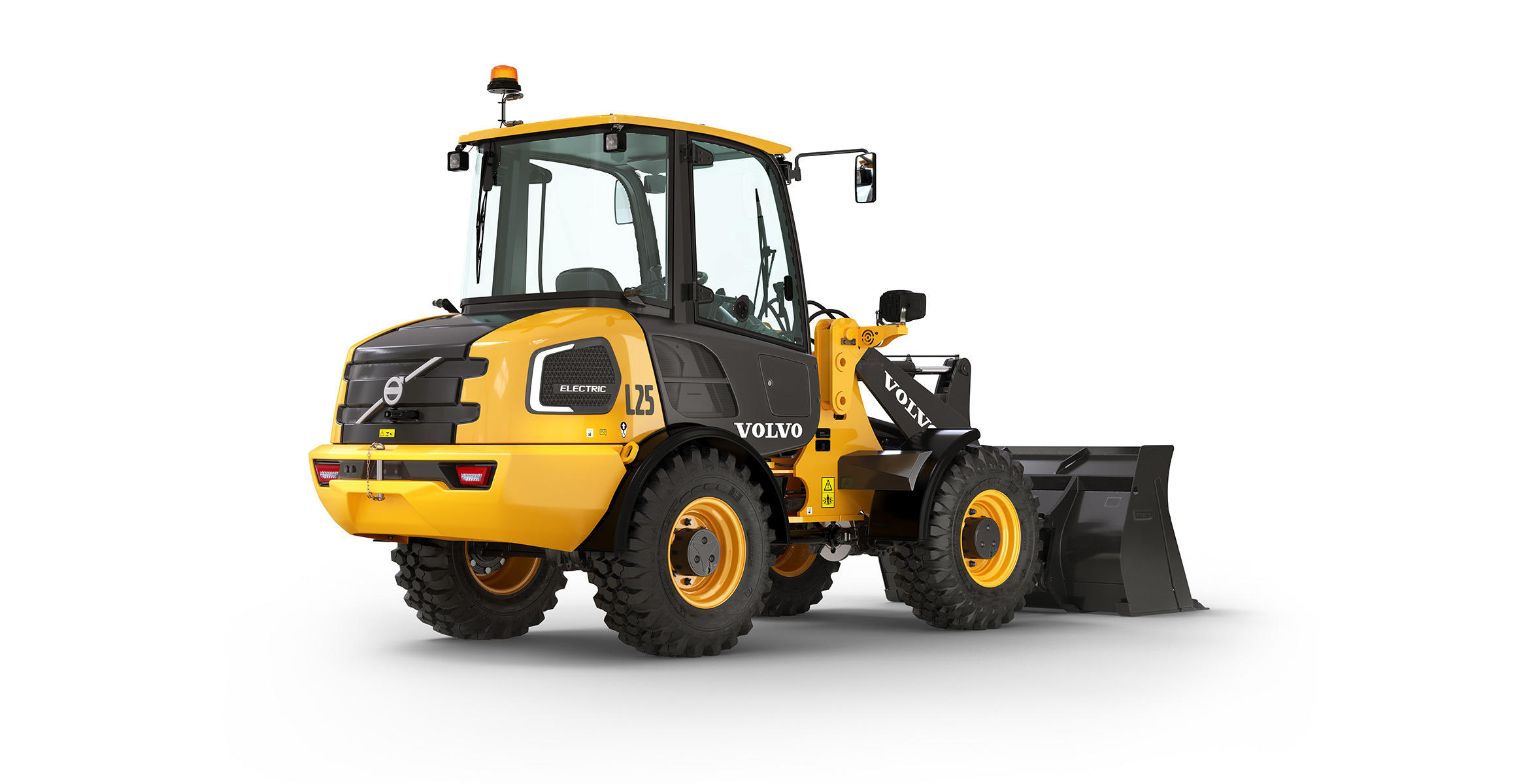 Knockout image of a Volvo L25 Electric compact wheel loader.
