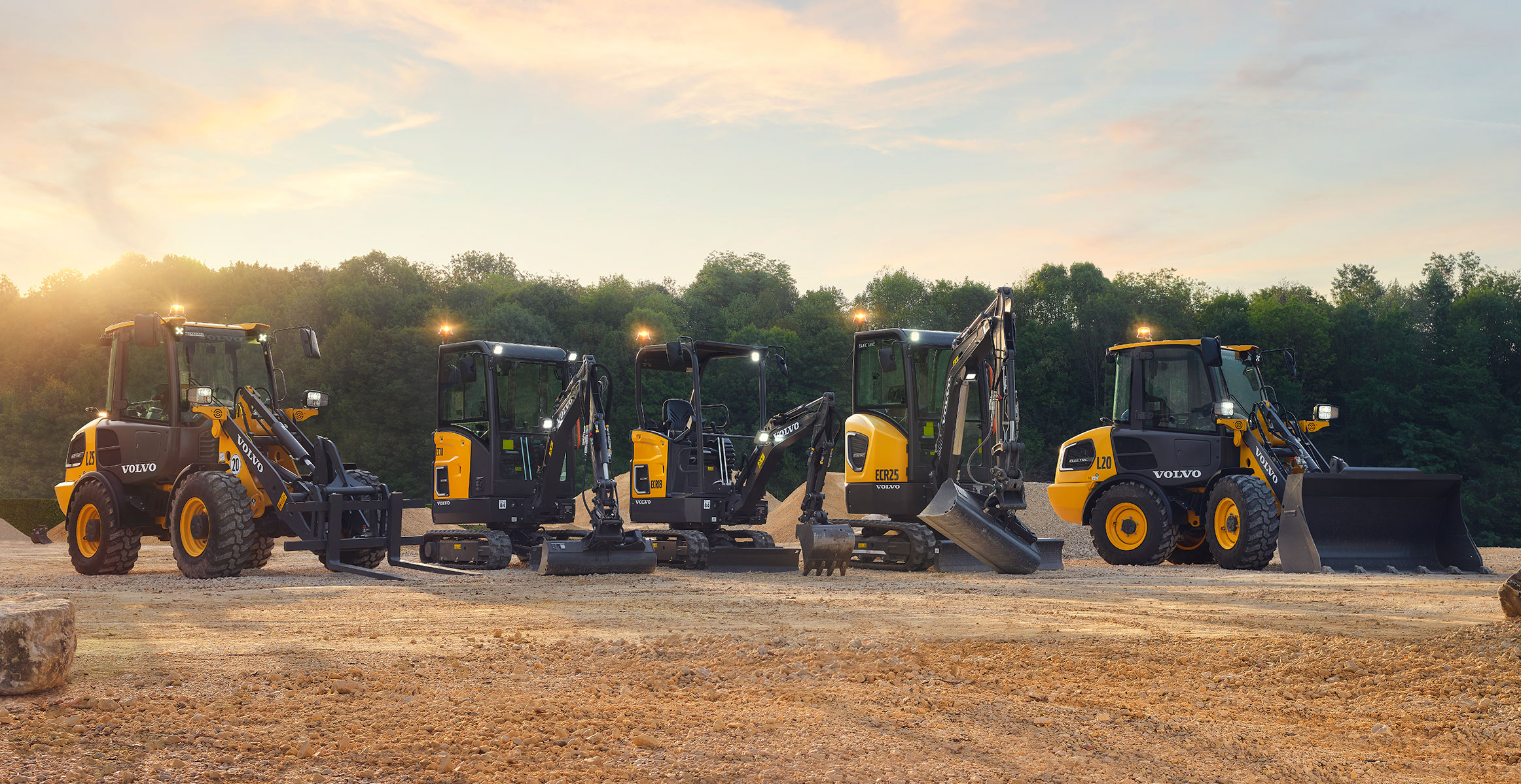 Volvo Construction Equipment electric machine lineup including excavators and wheel loaders. 