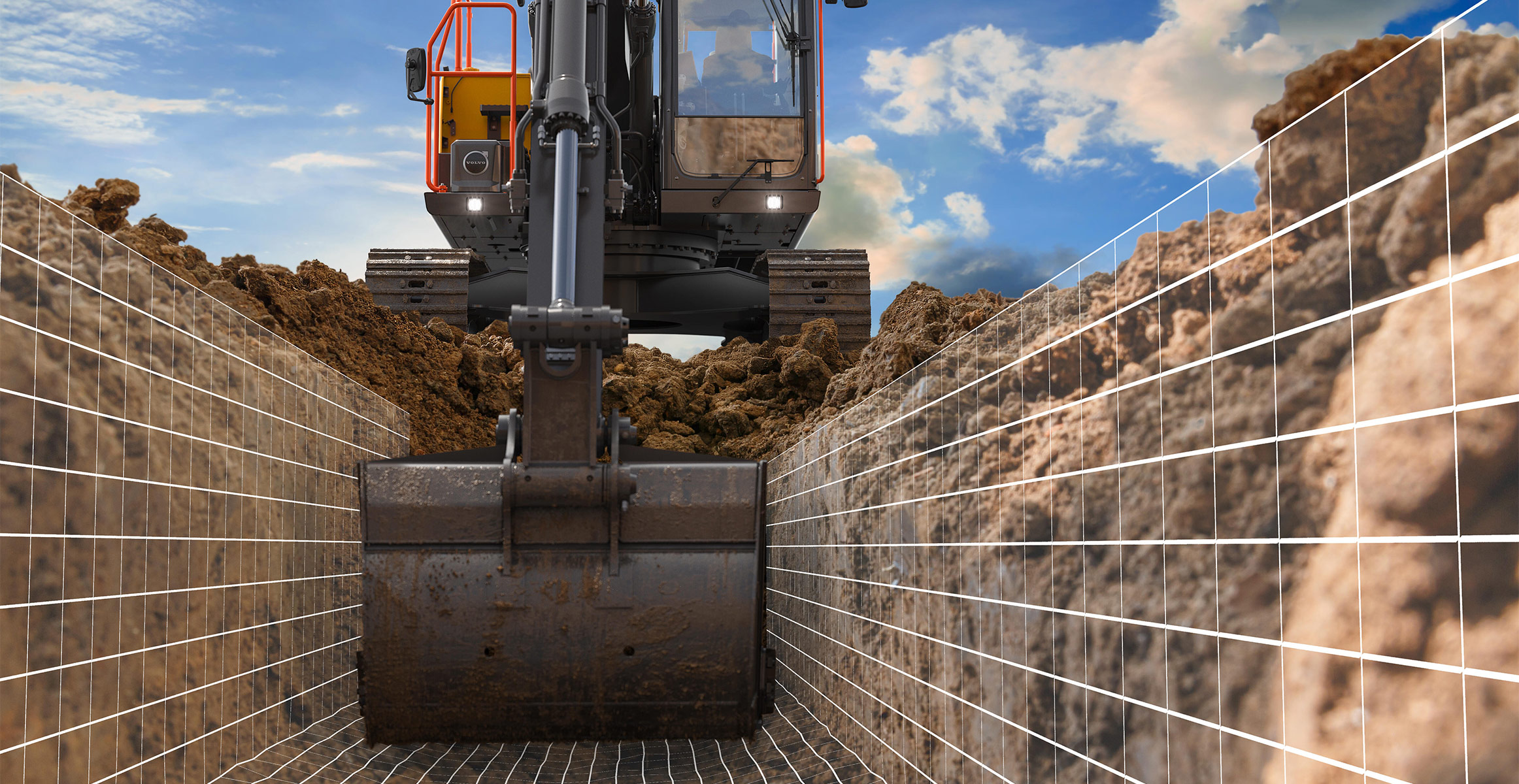 A Volvo excavator digging a trench away from the camera with white grid lines indicating Dig Assist machine control.