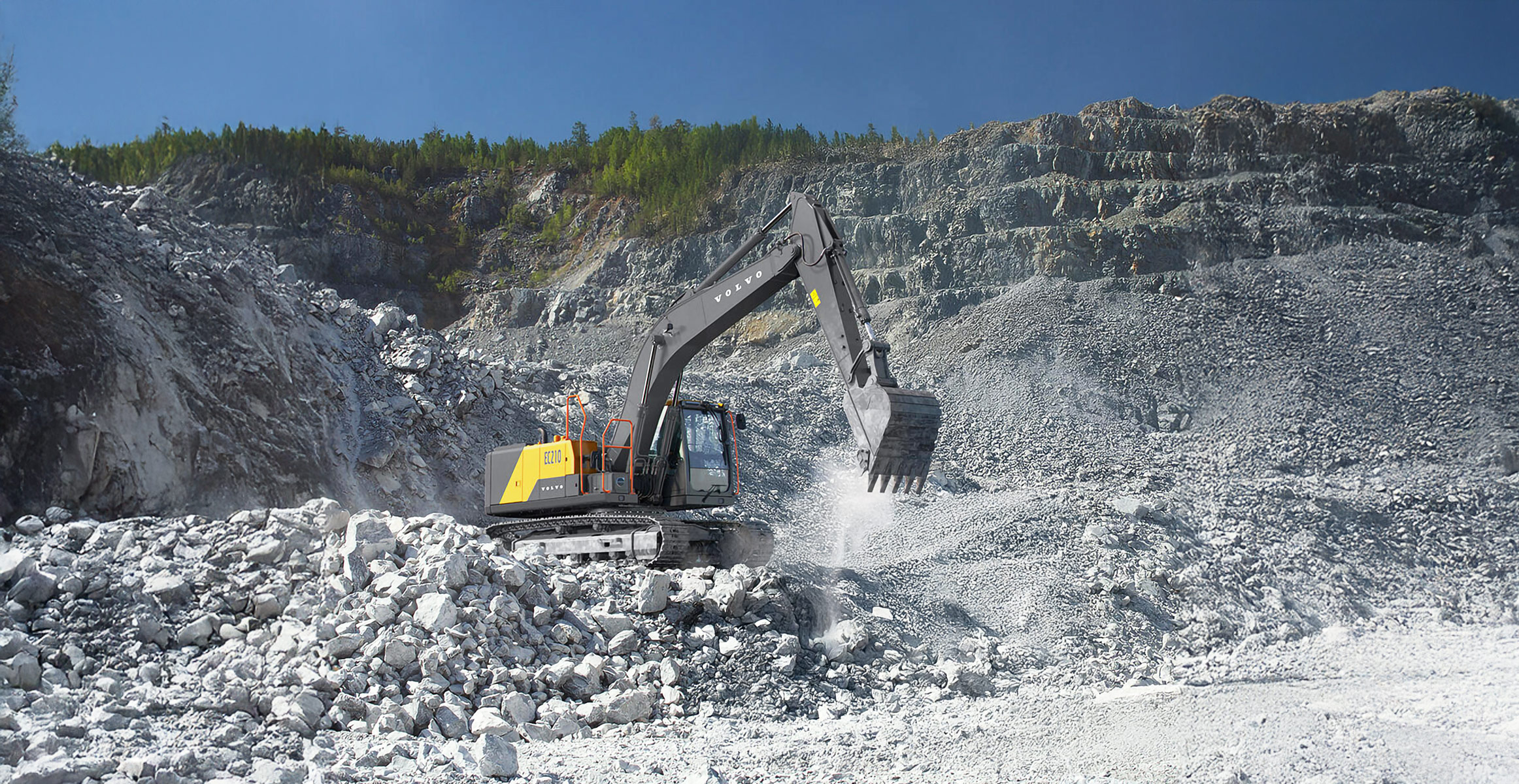 A Volvo EC210 tracked excavator managing rock in a quarry.