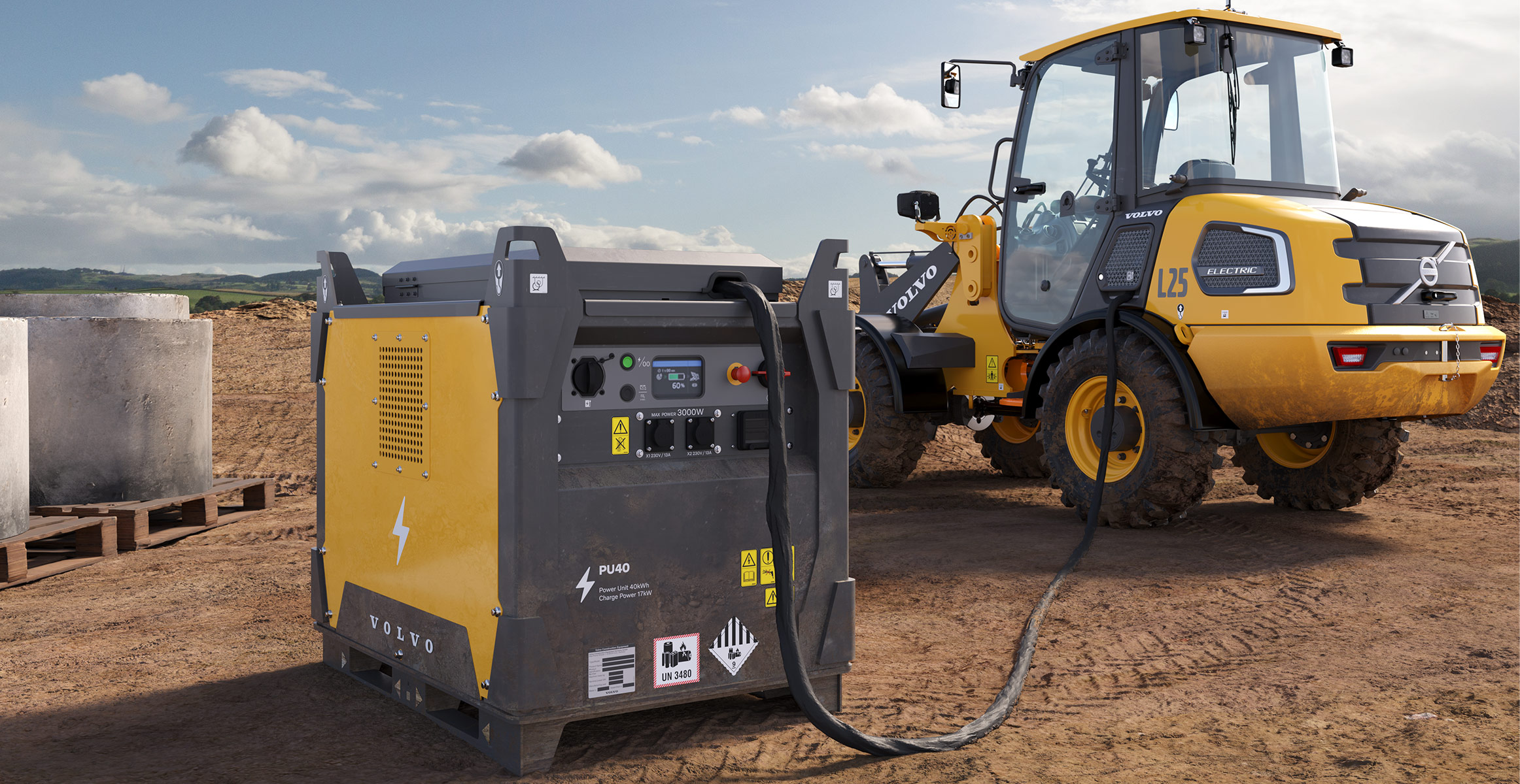 A Volvo L25 Electric wheel loader being charged on a PU40 mobile charger. 