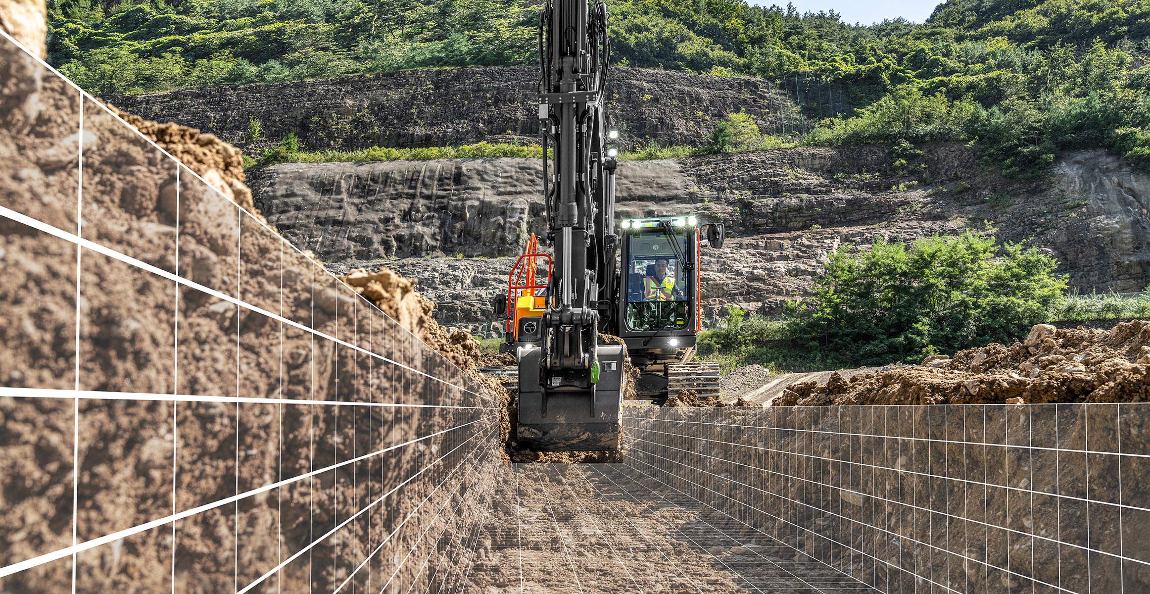 Volvo crawler excavator digging a trench with Dig Assist 3D grid lines for in-field design control.  
